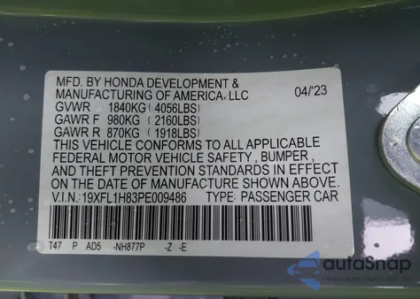 2023 Honda Civic Sport Touring from USA, damaged, VIN 19XFL1H83PE009486